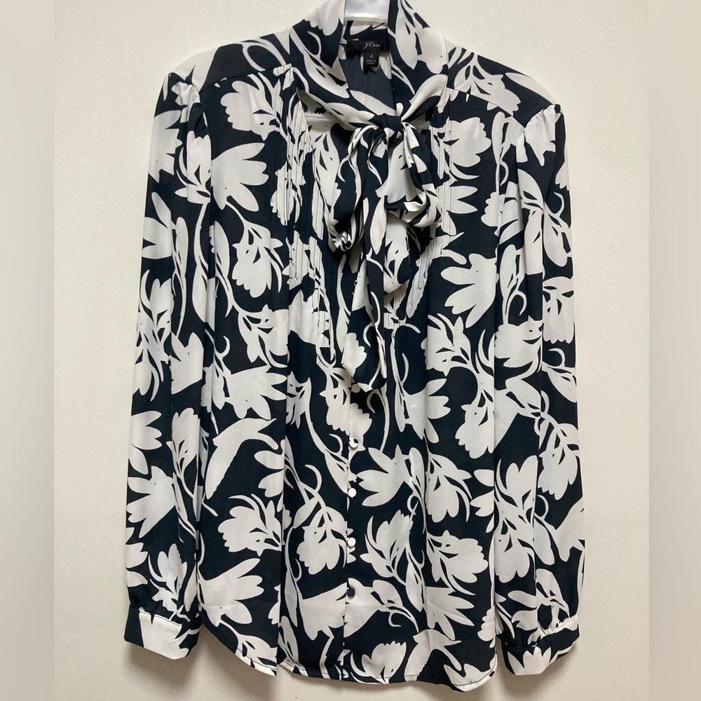 J.Crew, Navy & White Floral Blouse with Long neck Tie